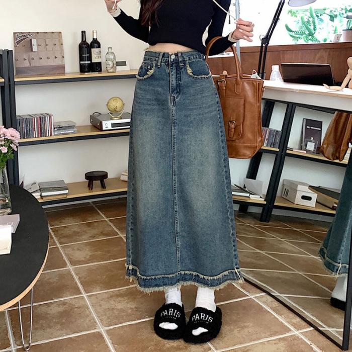 

Винтажная джинсовая юбка, джинсовая юбка с необработанными краями для женщин, прямая юбка трапециевидной формы длиной до половины тела 2XL синий