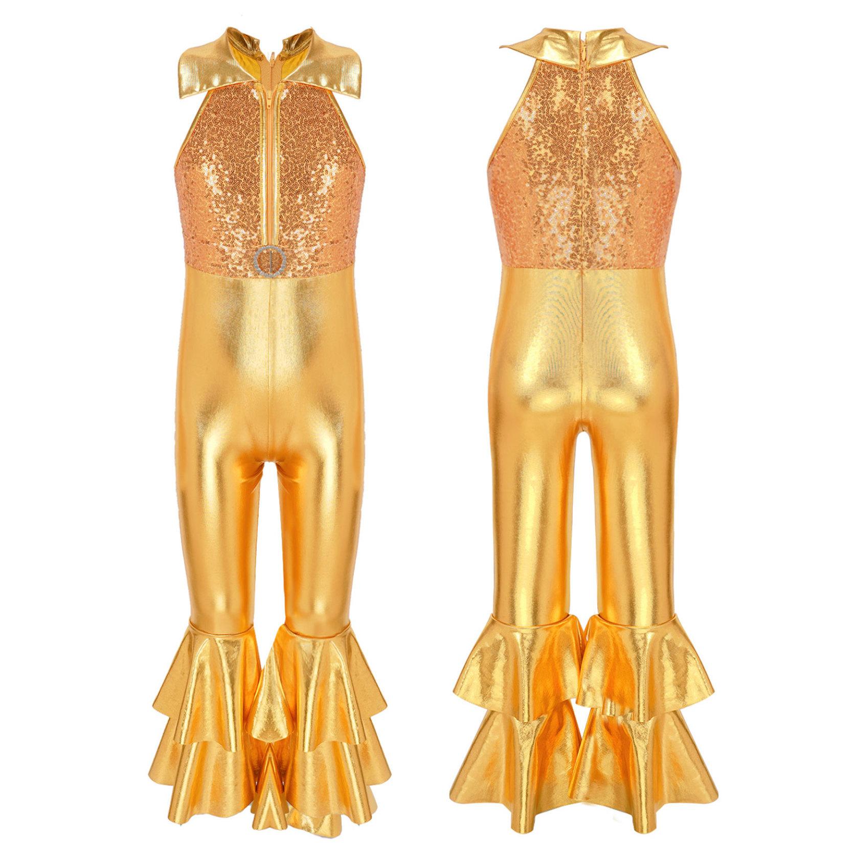 

Діти, дівчата, комбінезон, боді без рукавів, багаторівневі брюки-кльош, танцювальний, гімнастичний комбінезон із трико. 5-6 Years золотий