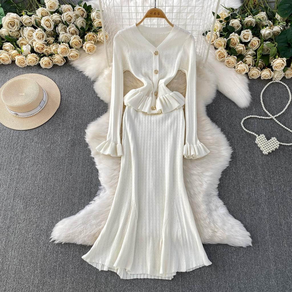 Autumn Winter Women Elegant V-neck Knitted Sweater Metal Button Christmas Party Long Midi Fishtail Dresses