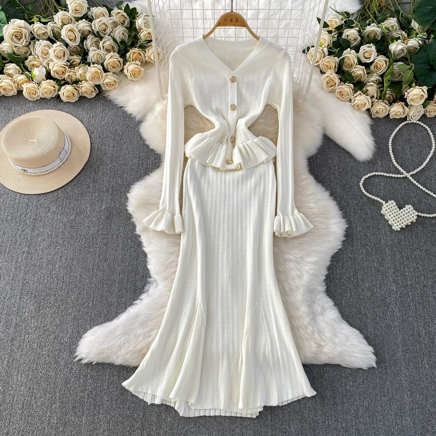 

Осень Зима Женский Элегантный Вязаный Свитер с V-образным вырезом Металлическая Пуговица Рождественская Вечеринка Длинные Миди Платья Годе One Size белый