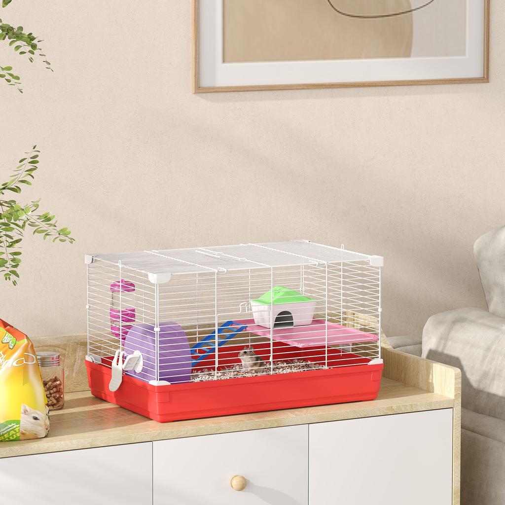 2-Tier Metal and PP Hamster Cage with House, Water Tank and Wheel, 47x30x27 Cm