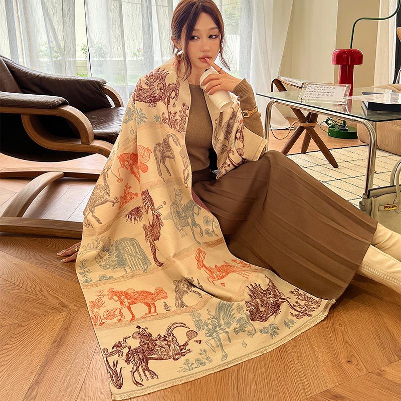 Winter Elegant and Fashionable Imitation Cashmere Scarf New All Creatures Double-sided Versatile Scarf Cold proof Warm Shawl