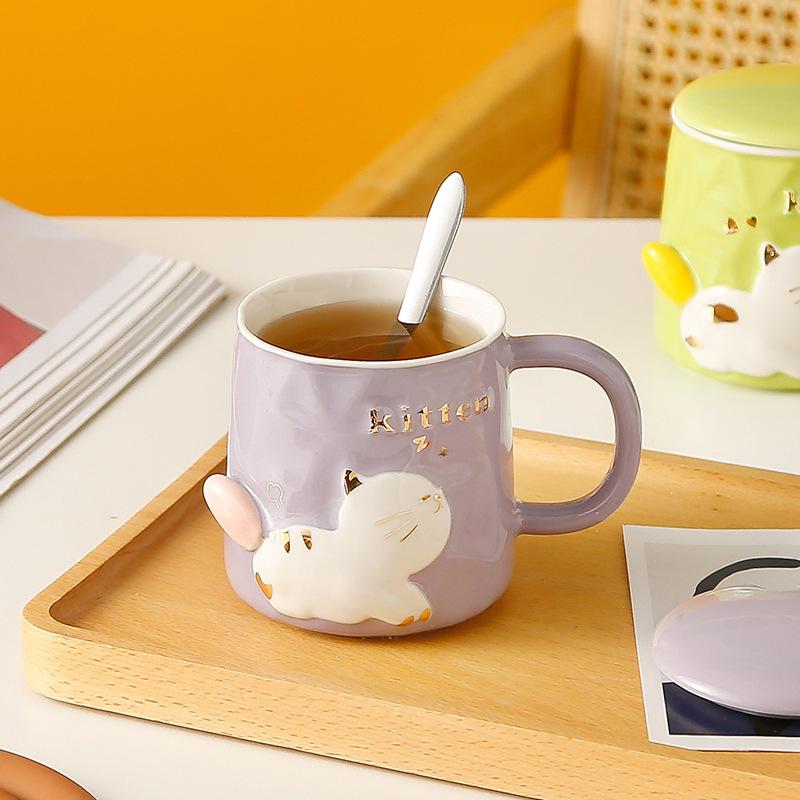 Cartoon Cute Relief Cat with Lid Spoon Ceramic Cup Gift Set Mug Creative Personality Water Cup Girls