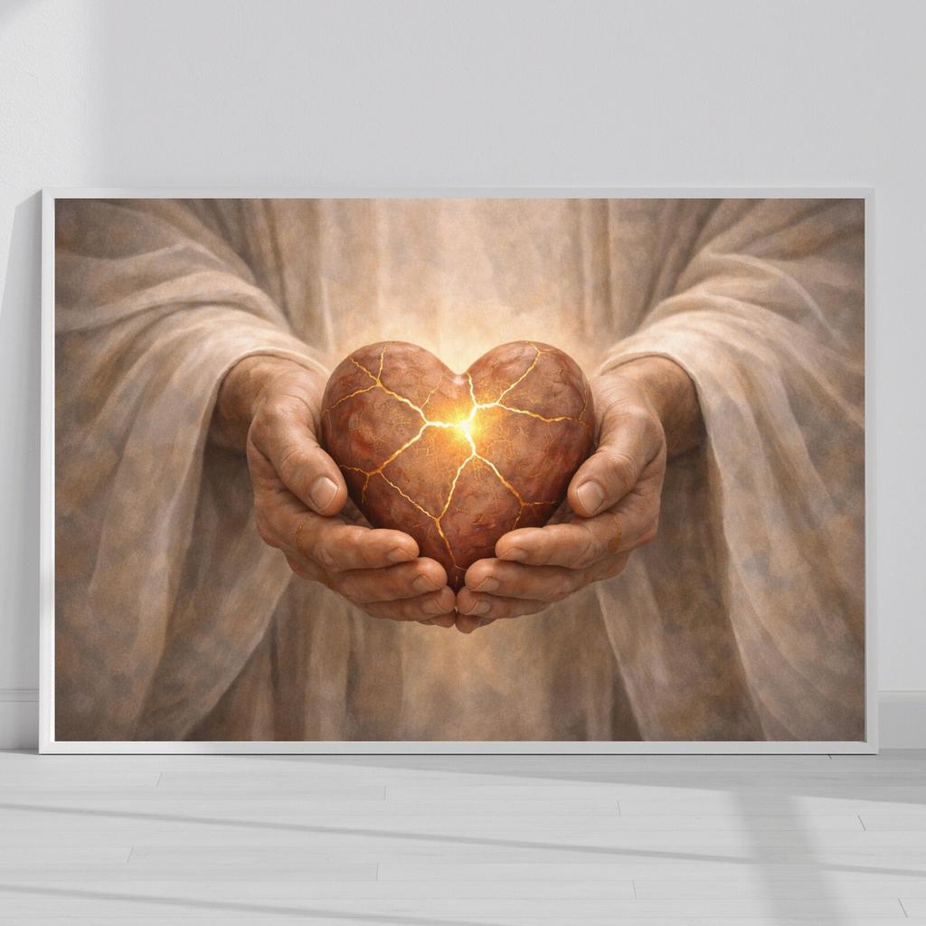 Heart in Jesus’ Hands Canvas Wall Art, Broken Made Beautiful Christian Artwork, Faith Restoration Oil Style Painting, Modern Decor