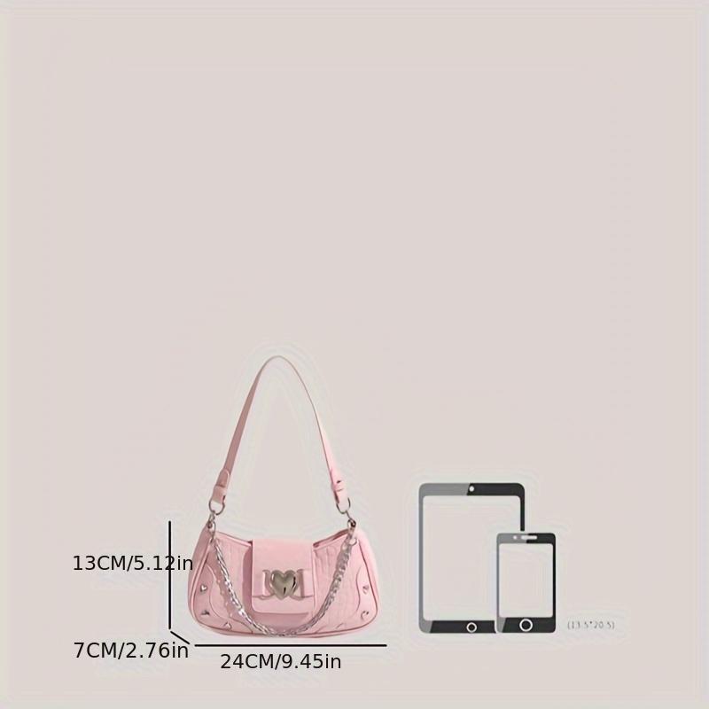 Y2K Style Sweet & Edgy Heart Decor Shoulder Bag for Women - Detachable Chain Strap, Zipper Closure, , Polyester Lining, Oil-Edged Finish