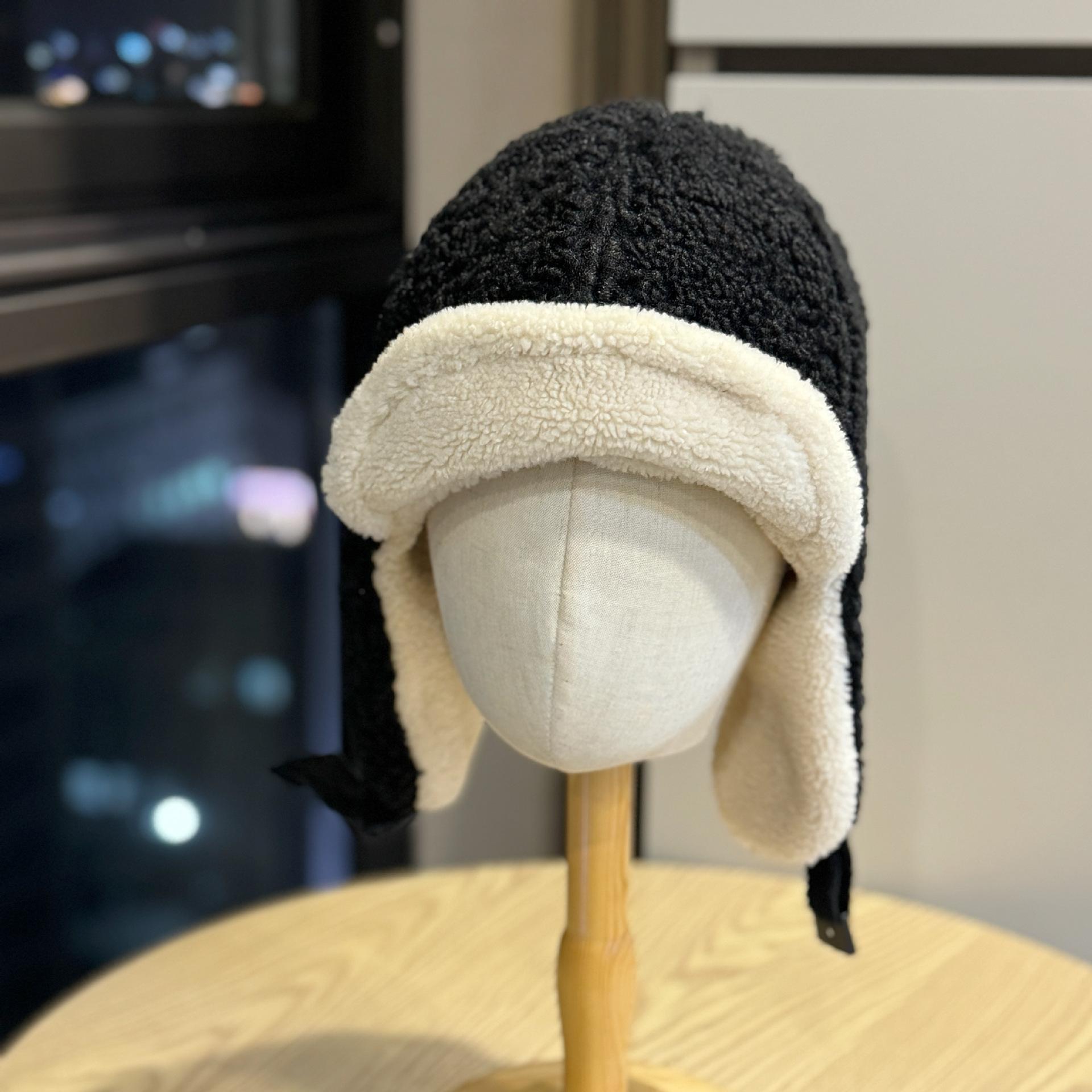 

New winter warm Lei Feng hat for women, lamb wool plush ear protection hat, outdoor cold-proof cycling hat, aviator hat for men, trendy Adult54-60Average Size чёрный