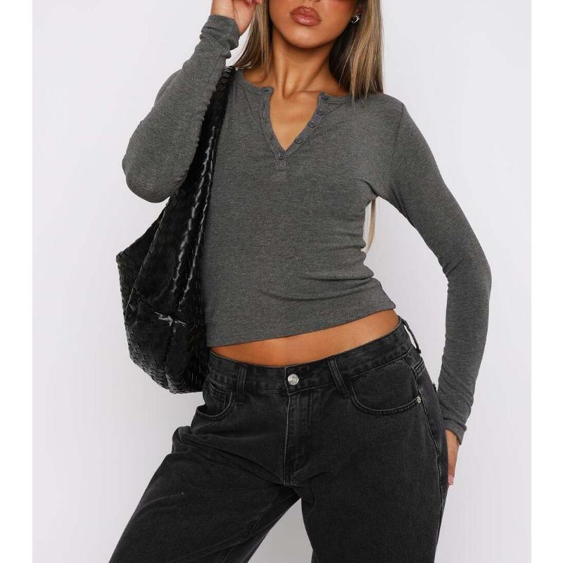 Jarní a podzimní dámský Y2K slim módní žebrovaný top s knoflíky a dlouhým rukávem