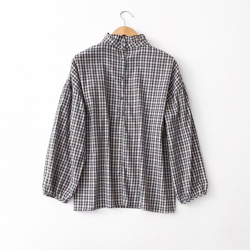 Japanese Style Artistic Loose Slimming Versatile Lattice Shirt Women's Spring and Summer Long Sleeves Ruffles Stand Collar Pullover Thin Shirt
