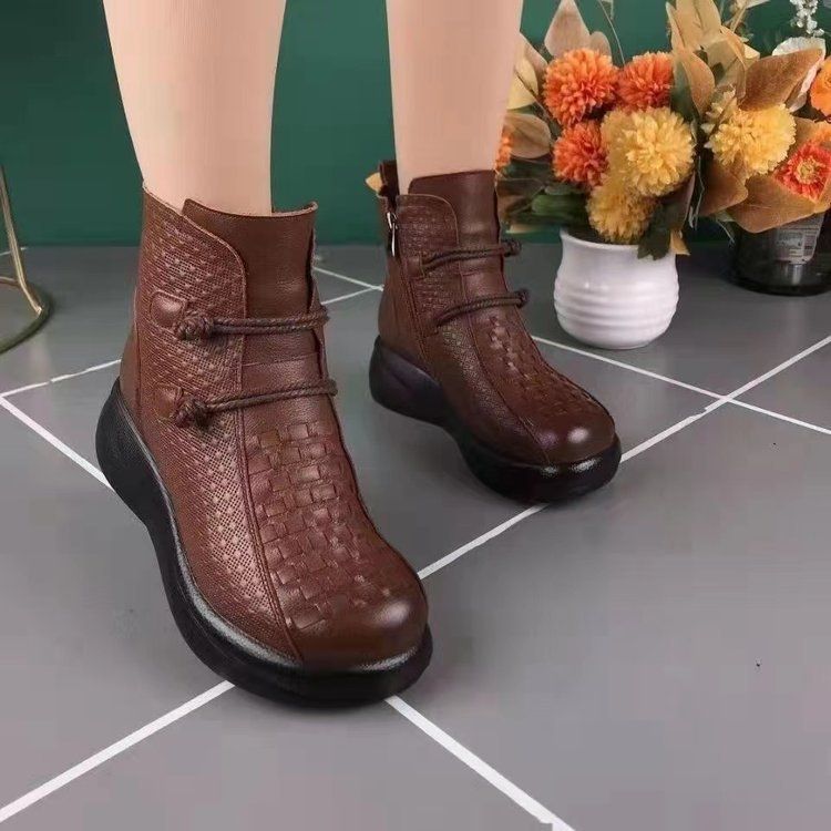 Women's Autumn/Winter Soft-Sole Fleece-Lined Thermal Ankle Boots Mom's Ethnic-Inspired Vintage Soft-Sole Round-Toe Boots