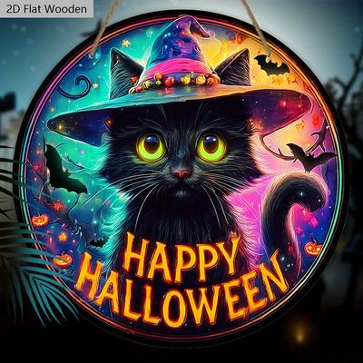 Wooden Halloween Sign with Black Cat Pattern Design - Unique Wall Pediments with Happy Halloween - Ideal for Front Door, Yard, Porch, Room Decor