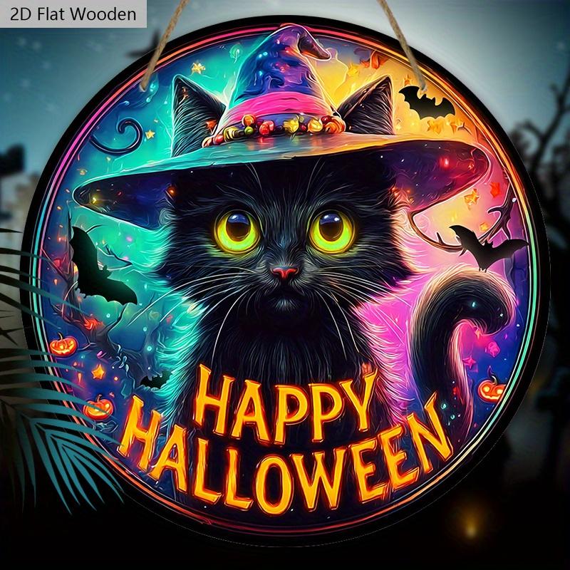 Wooden Halloween Sign with Black Cat Pattern Design - Unique Wall Pediments with Happy Halloween - Ideal for Front Door, Yard, Porch, Room Decor