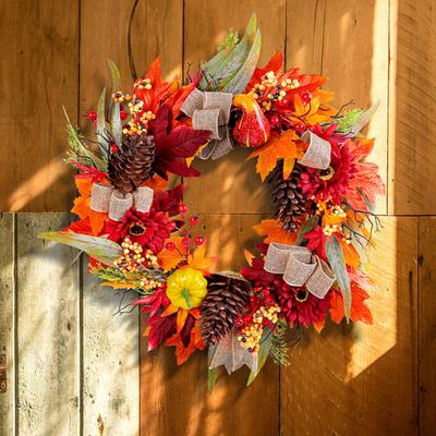 Artificial Fall Wreath 18 Inch Autumn Front Door Wreath with Sunflower Pumpkin Berries Pine Cones for Indoor Wall