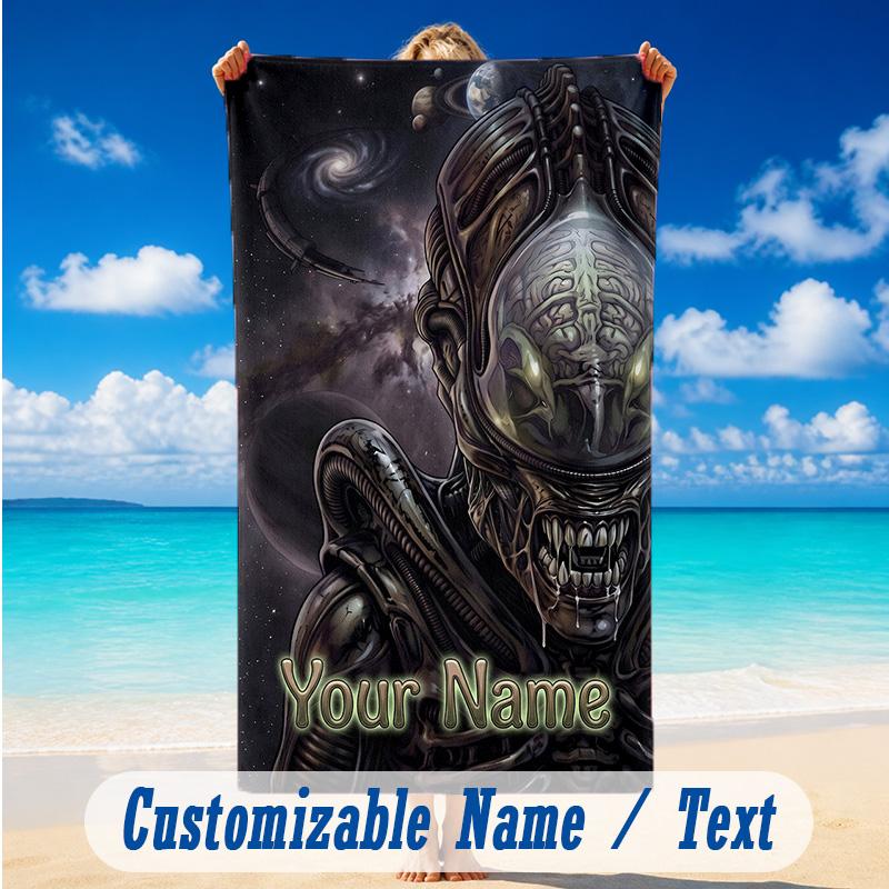 Beach Towel Custom Name Text, Quick Dry Large Towel For Beach HomeAlien Xenomorph
