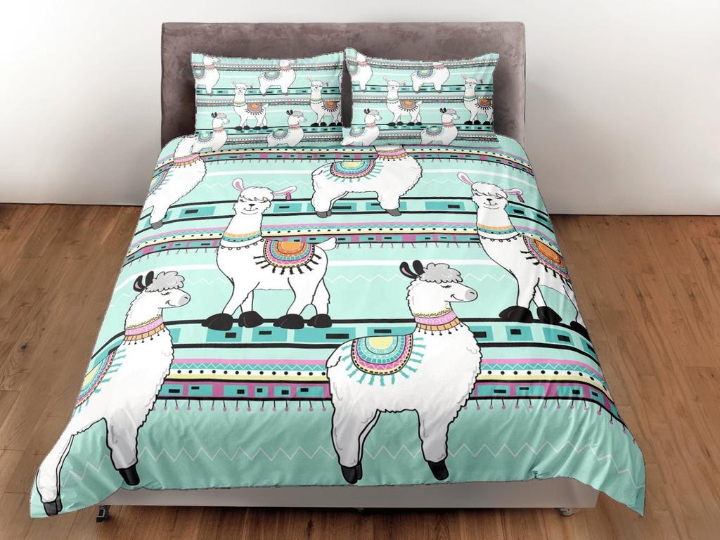 Lama-Print Bettbezug-Set, Kinderbettwäschebezug, Bohème Schlafzimmer-Set, Schöner Bettbezug, Minzgrüner Deckenbezug, Tierprint Tagesdecke
