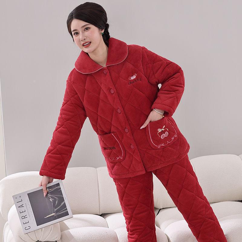 Damen Winter Korallfleece Gesteppter Pyjama - Dickes Flanell Warmes Hausanzug-Set für Mittelalte und Ältere Mütter