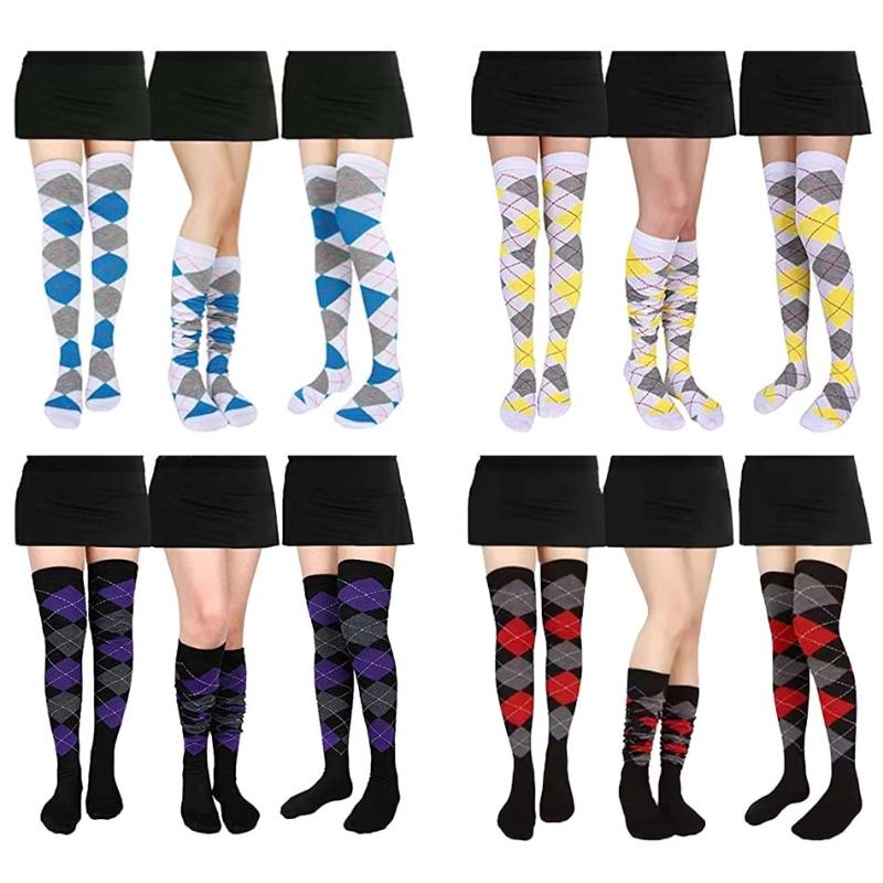New Vintage Style Women's Socks Diamond Plaid Over Knee Socks Student Casual Stockings Party Dance Socks