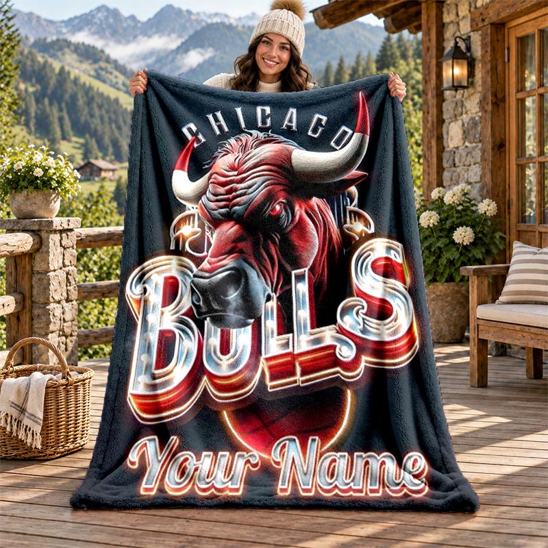 Chicago Bulls Custom Name Flannel Blanket Personalized Soft Warm Plush Throw Blanket Customized Gift for Family Friends
