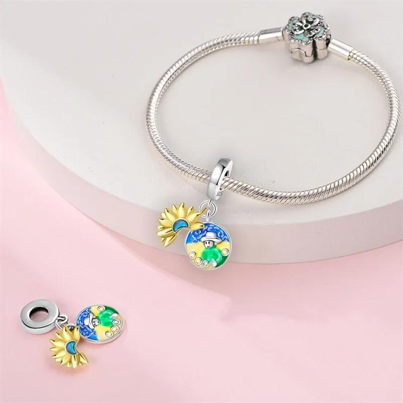 Charm Beads Original Copper Plated Starry Sky Sunflower Pendant Beads Fit Fashion Bracelet Diy Fine Gift Item Women Delicate Jewelry