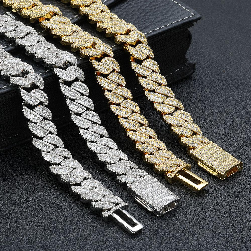 Hip Hop 14mm Flip Button Full Diamond Zircon Cuban Necklace Jewelry Men's Bracelet Premium Accessories