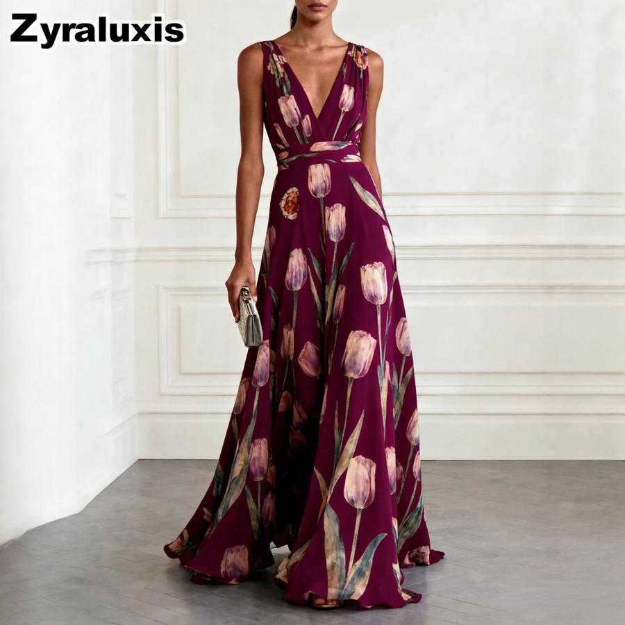 New Peony Floral Evening Gown for Women, Sleeveless V-Neck Maxi Dress