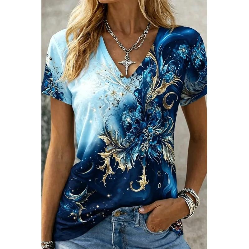 Women's Fantasy Floral Print V-Neck T-Shirt, Casual Short Sleeve Tops, Magic Style for Daily Wear