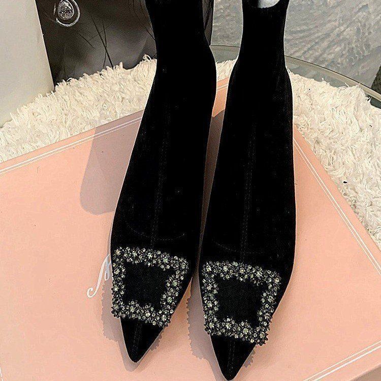 Small Short Boots 2025 New Women's Winter One-pedal Thin Leg Socks Boots Rhinestone Square Buckle Pointed Middle Heel Short Boots