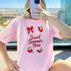 Red Cherry Bow Crew Neck Short Sleeve Tshirt Sweet Summer Time Retro Fruit Design Funny Outdoors High Quality Cotton Shortsleev