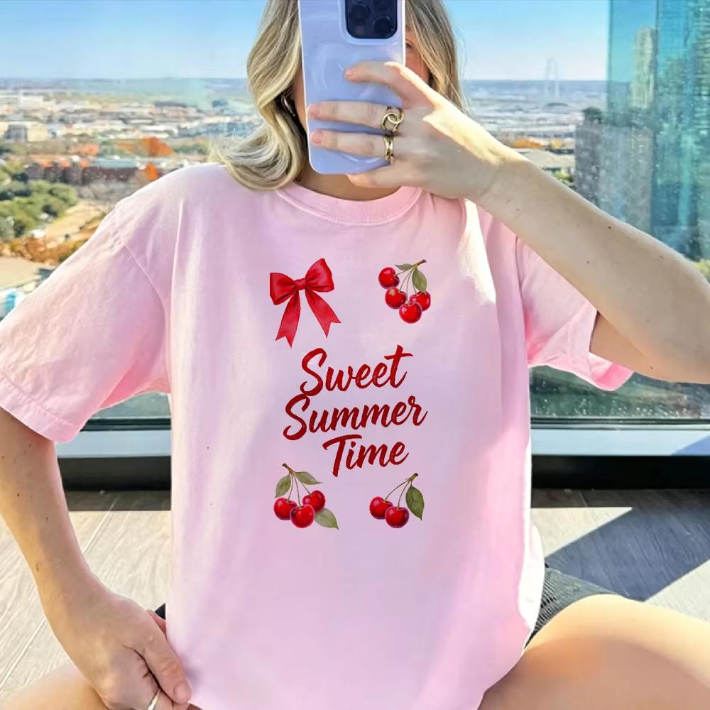 Red Cherry Bow Crew Neck Short Sleeve Tshirt Sweet Summer Time Retro Fruit Design Funny Outdoors High Quality Cotton Shortsleev