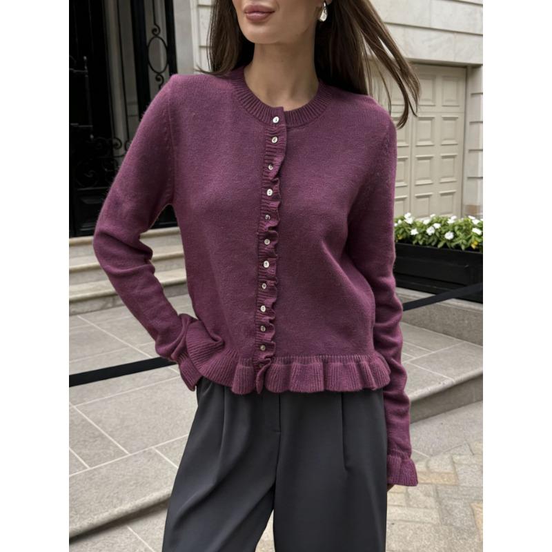 Women S Long Sleeve Ruffled Knit Cardigan Solid Color Casual Sweater