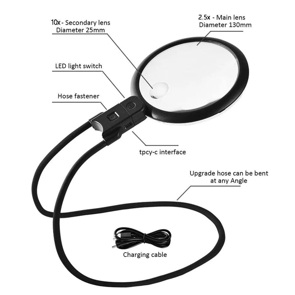 36 LED Förstoringsglas för Läsning USB-C Ström Fullsidigt Förstoringsglas för Bok Reparation Sömnad