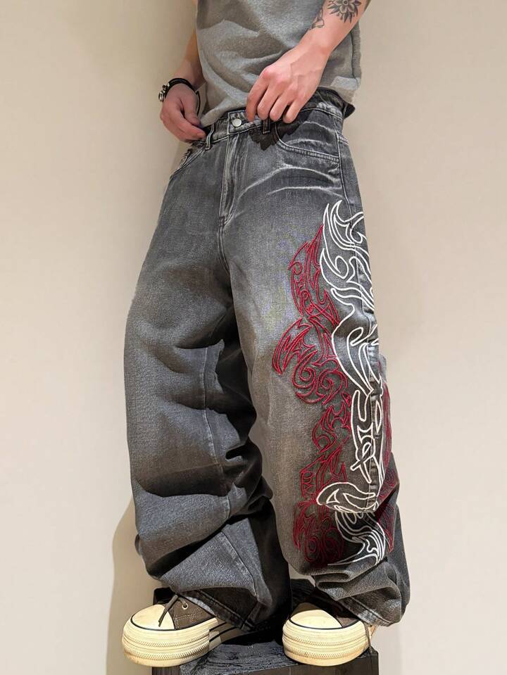 Europäische und amerikanische Sommer amerikanische lockere Stickerei gerade Röhre Trend Hip-Hop Jeans hi