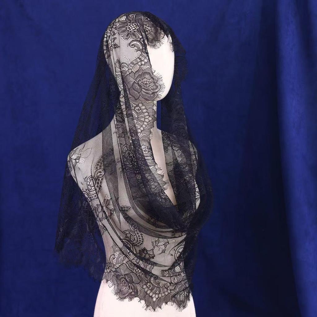 Women's Bridal Muslim Wedding Embroidered Headveil Floral Lace Mantila Catholic Veil Black Church Veil Ivory White Mesh Shawl