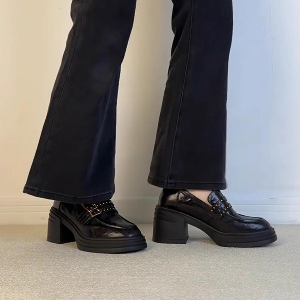 Sheepskin version~ High-heeled loafers, women's belt buckle, genuine leather, black small leather shoes, one pedal waterproof platform platform single