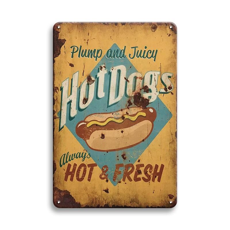 Hot Dog Fresh Hamburgers Metal Tin Signs BBQ Vintage Posters Home Kitchen Wall Decor Iron Plate Painting Fast Food Shop Plaques