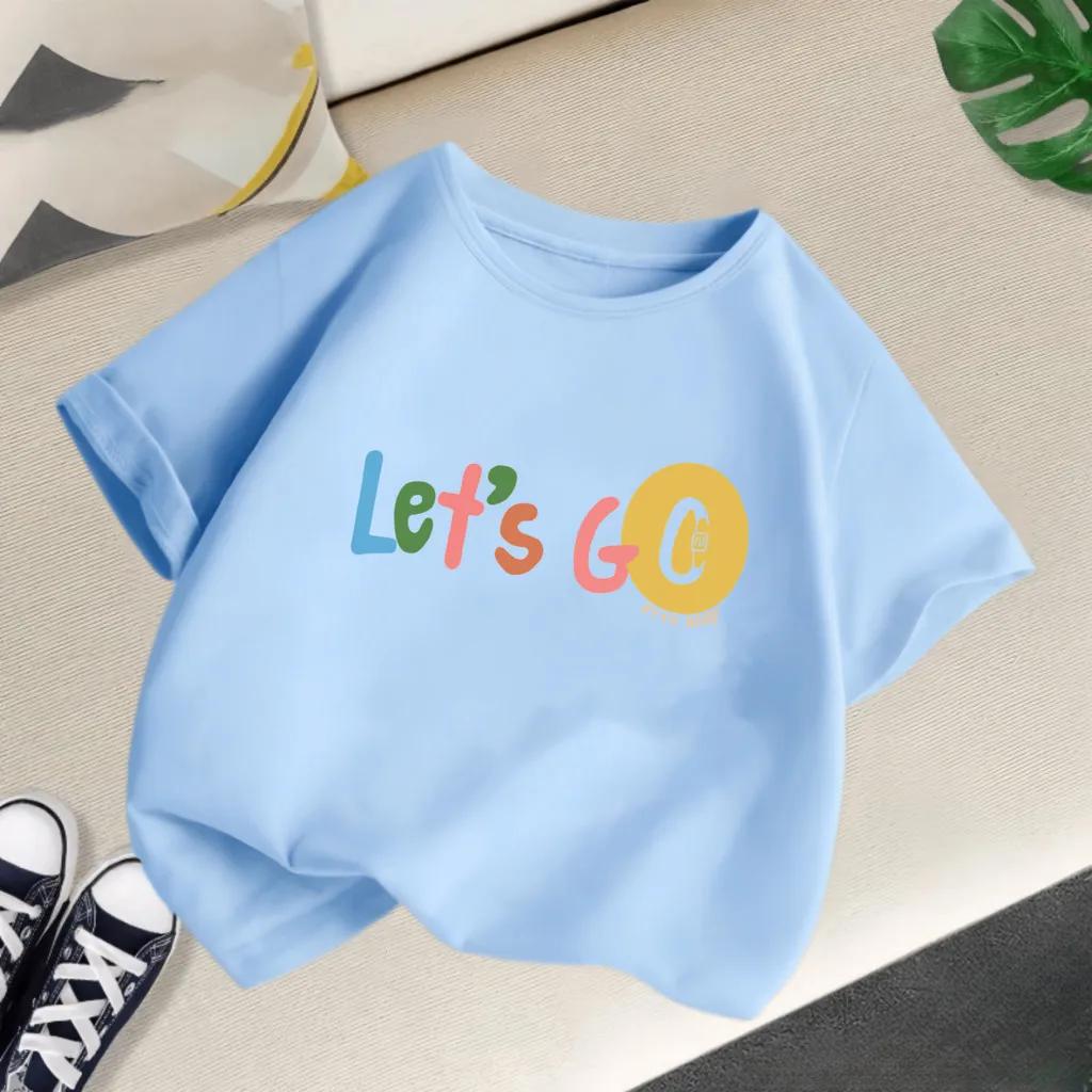 Lovely Kids T Shirt Multicolored Lets Go Text With Stamp Pattern Graphic Short Sleeve Outdoor Daily Outfit Shirts