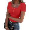 Dámské tričko s úzkým spodním dílem, módní ležérní, jednobarevný, s knoflíky, čtvercovým výstřihem, svetr s krátkým rukávem