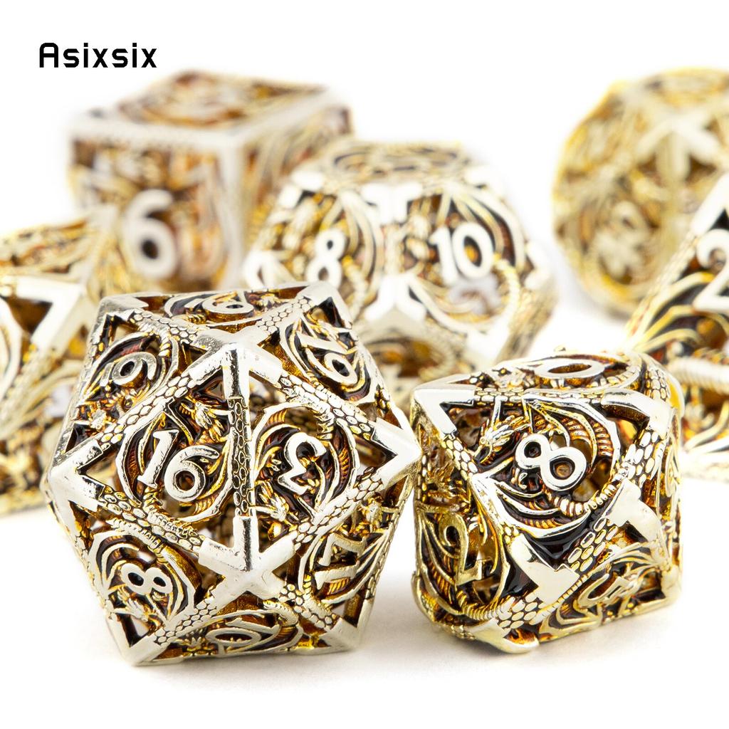 7-teiliges hellgoldenes Drache-Metallwürfel-Drachen-Hohlmetall-Polyeder-Würfelset, geeignet für Rollenspiele, RPG-Brettspiele, Kartenspiele