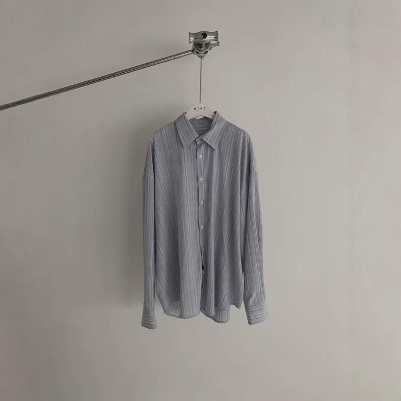 

Spring Autumn Polo-neck Vintage Striped Printing Shirt Male Long Sleeve Casual All-match Cardigan Top Men M