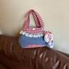 Korean Artistic Retro Plaid Handbag with Lace Trim In Red & Blue