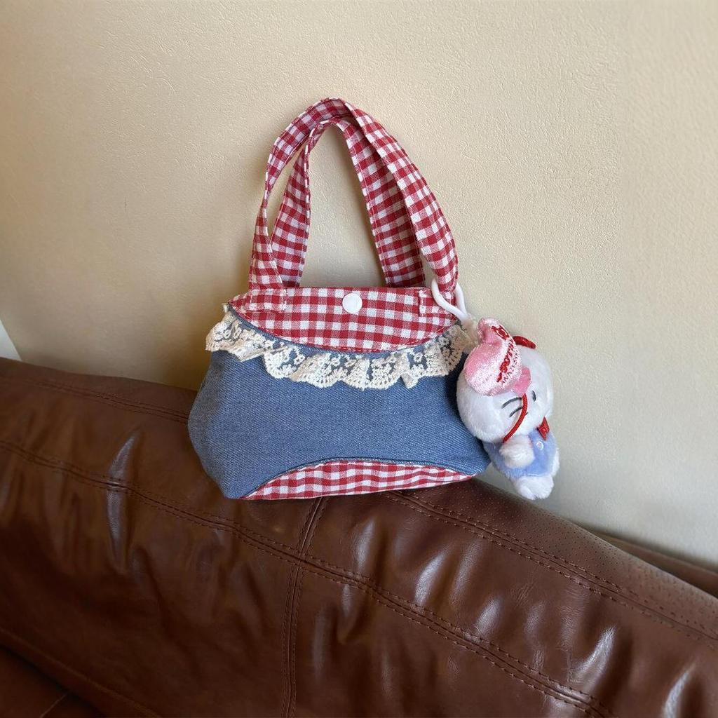 Korean Artistic Retro Plaid Handbag with Lace Trim In Red & Blue