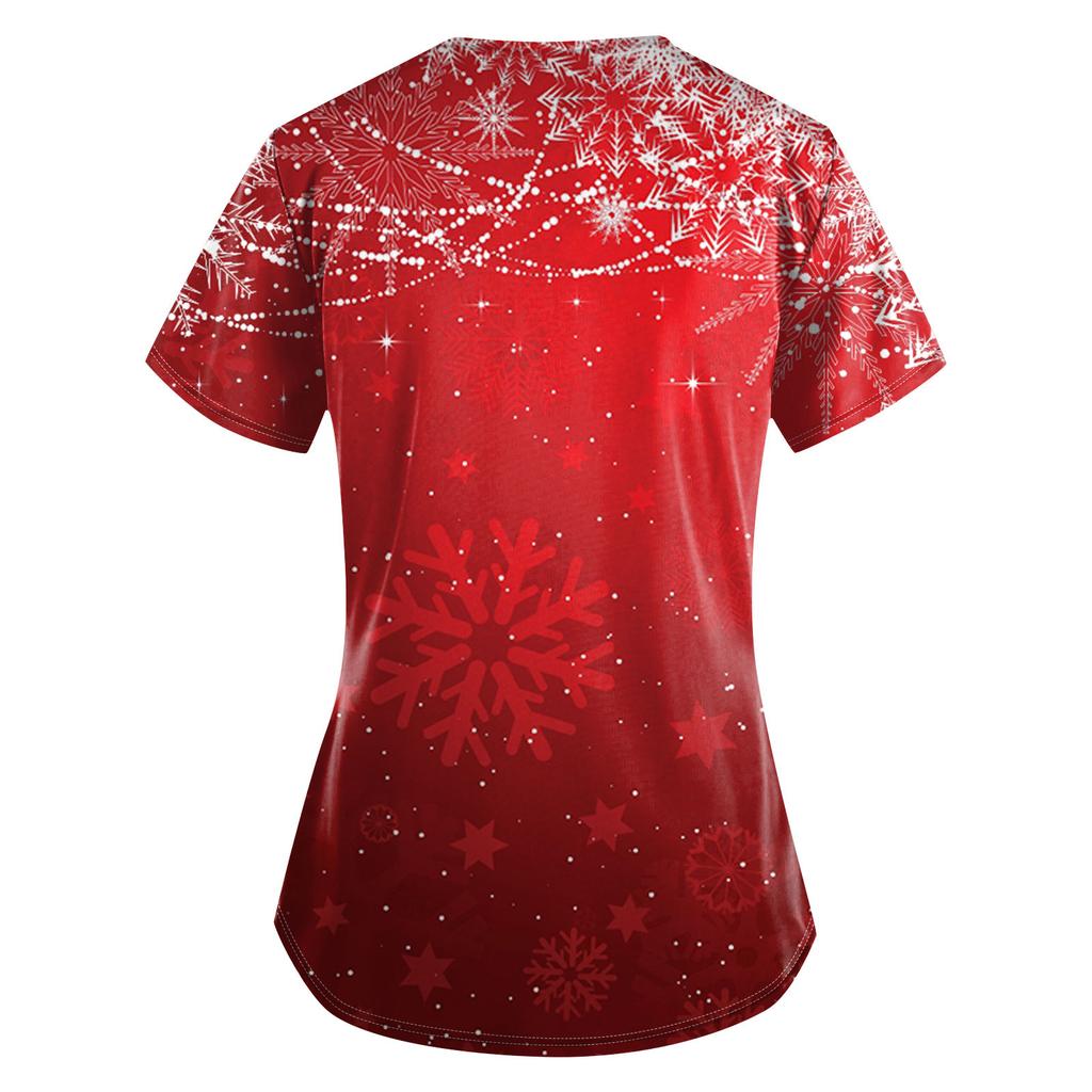 Women's Fashion V-Neck Short Sleeve With Pocket Christmas Print T-Shirt Top