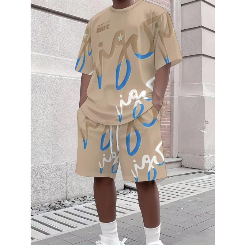 Urban Street Fashion Trend Men's Round Neck Short Sleeved Shorts Set, Outdoor Simple Casual and Comfortable