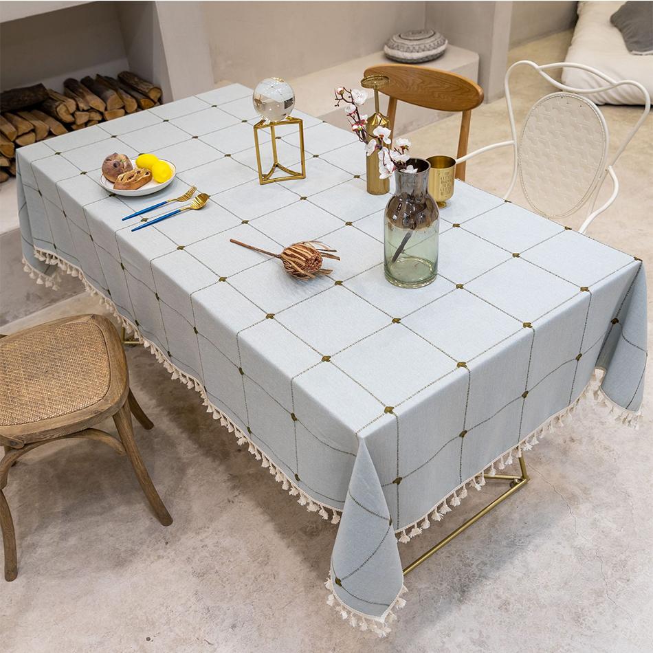 Grey Large Square Embroidery Tassel Tablecloth,Cotton Linen Dust-Proof Checkered Table Cover,For Kitchen Dinning Tabletop Decor