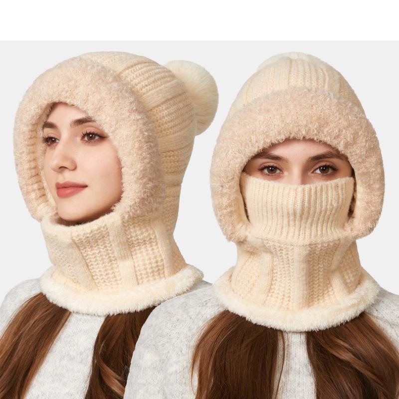 One-Piece Knitted Hat Women's Autumn Winter Thick Hat Scarf Mask One-Piece Wool Hat Cycling Windproof Warm Hat