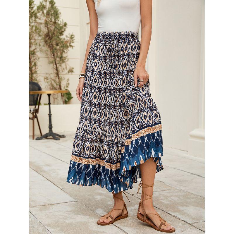 

Printed Elastic Waisted Pleated Long Skirt Print Elastic Waist Pleated Long dress Navy blue S