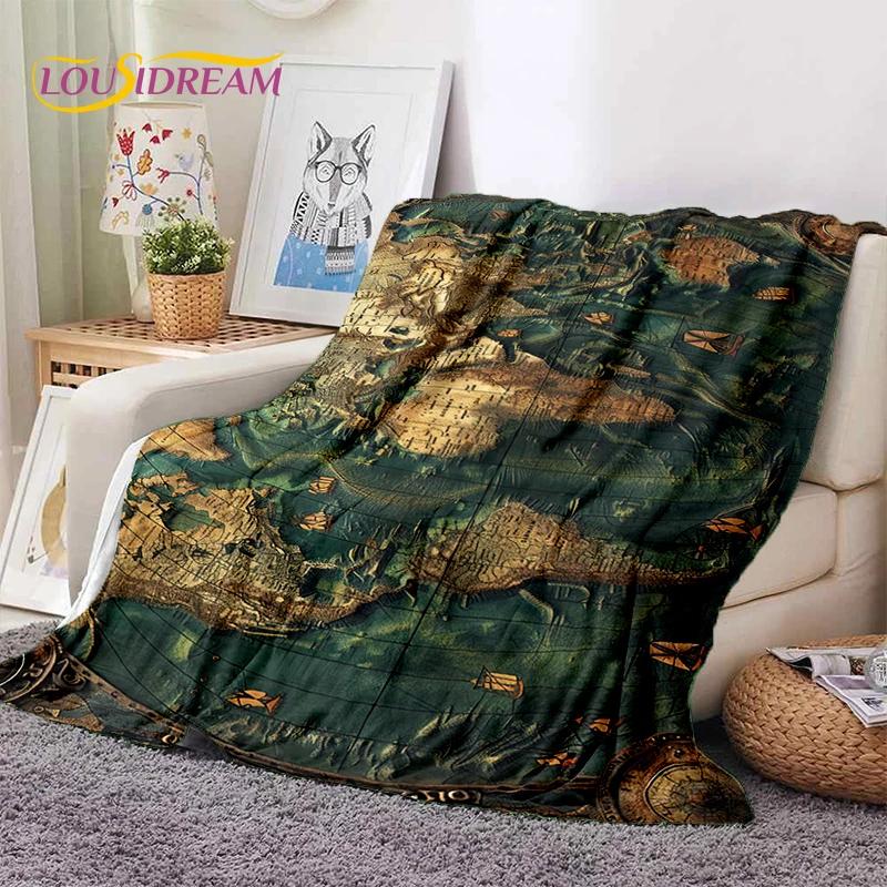 Retro Antike Seekarte Kraft Weltkarte Kompass Weiche Decke, Weiche Überwurfdecke für Zuhause Schlafzimmer Bett Sofa Abdeckung Kind