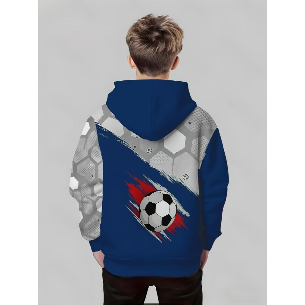 Boys' fashionable 3D printed football pattern, comfortable and versatile long sleeved hooded top for children