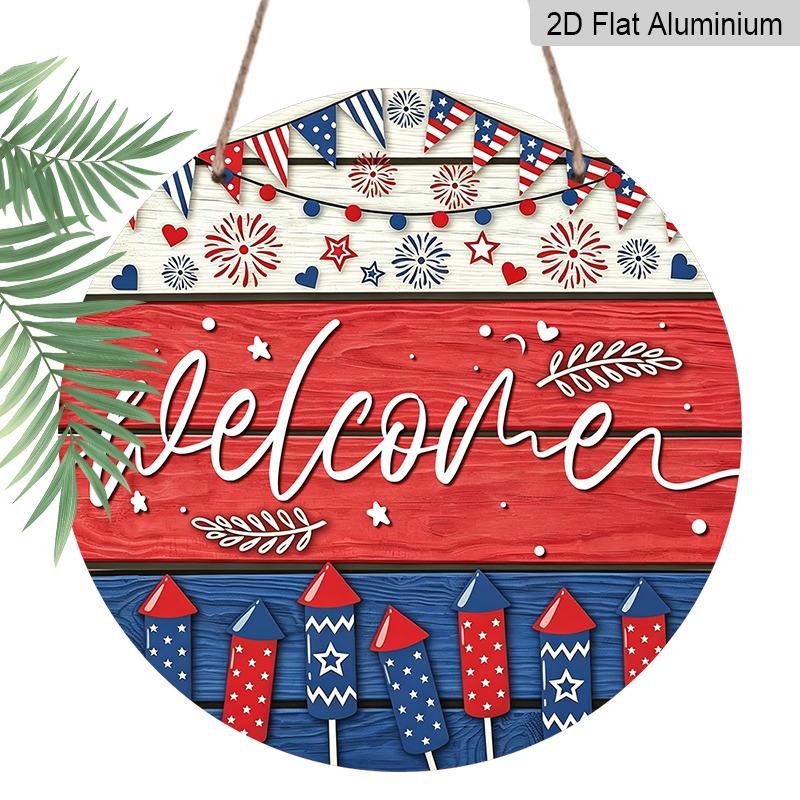 

2D Flat Retro Aluminum Wall Stickers in Various Sizes. American Independence Day Themed Welcome Sign with Fireworks and Banners. Ideal for Home Décor 7.87×7.87inch