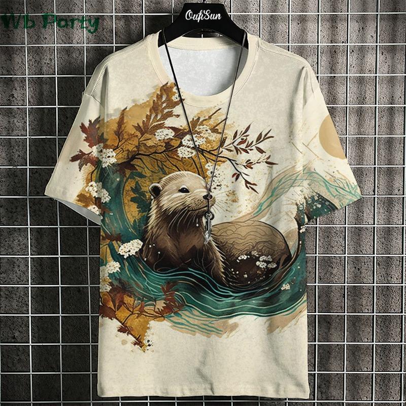 Japanisches Ukiyo-E T-Shirt Herren Tierdruck Grafik T-Shirts Vintage Herrenbekleidung Rundhals Kurzarm Tee Harajuku T-Shirt