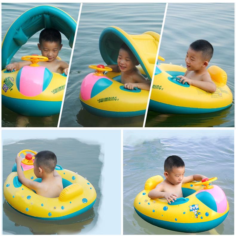 Baby Swim Ring with Sunshade, Toddler Inflatable Boat Float with Steering Wheel